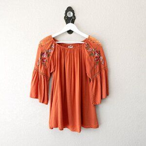 Southern Stitch Womens S Orange Embroidered Peasant Blouse Boho Bell Sleeve